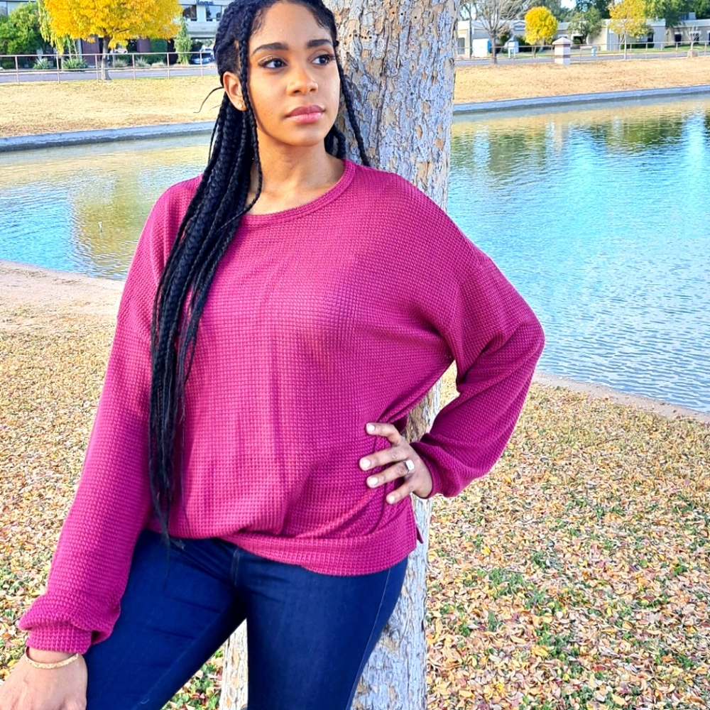 Berry Long Sleeve Open Knit Loose Fit Sweatshirt - Picture 2 of 5